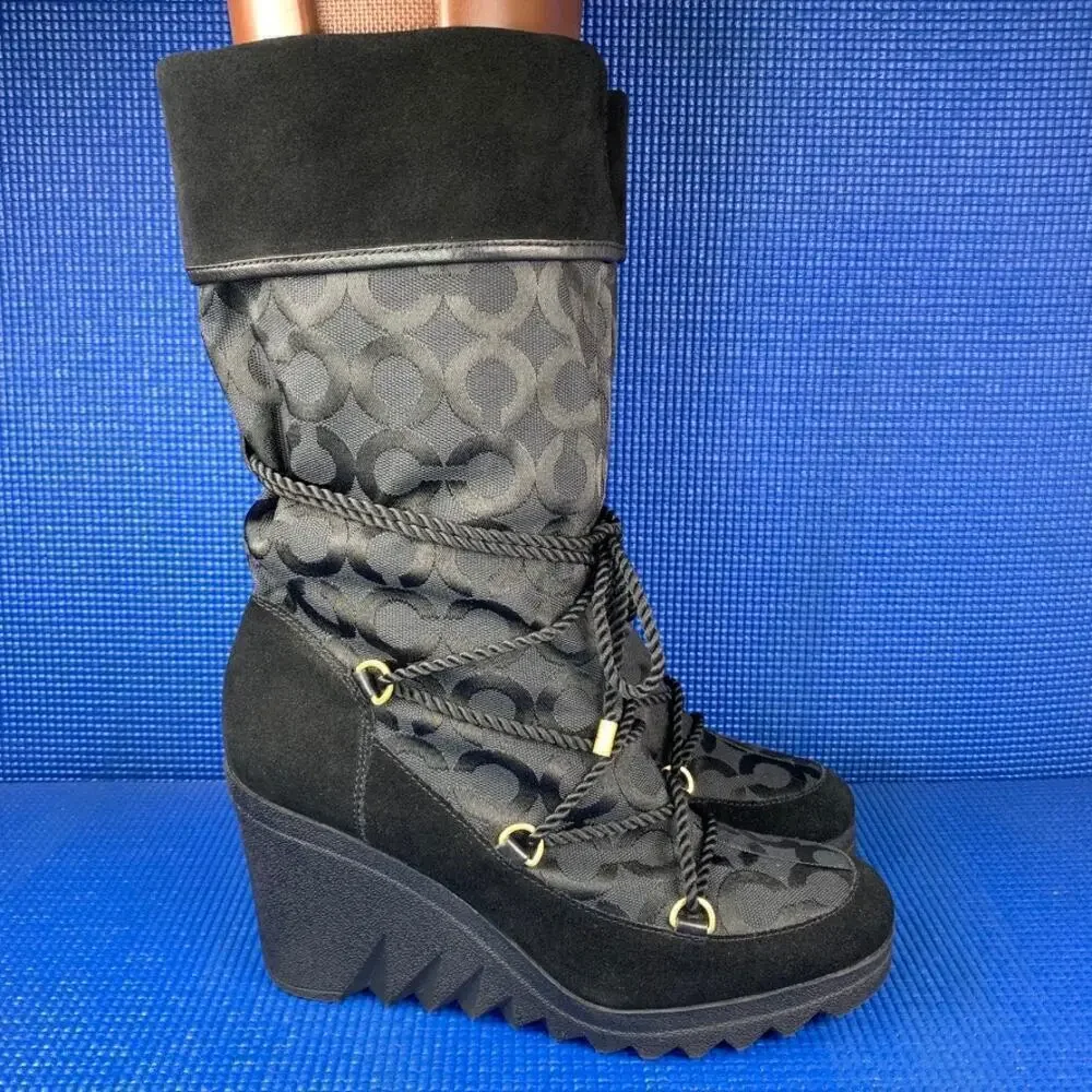 🔴 COACH MAISY Women`s Size 8.5 Black Monogram Suede Leather Wedge Boots A7292